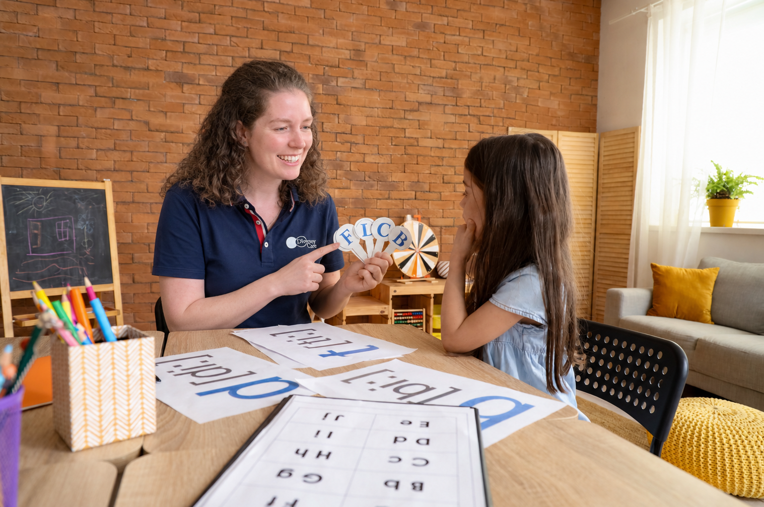 A Diversey Care speech pathologist working one-on-one with a child during a therapy session